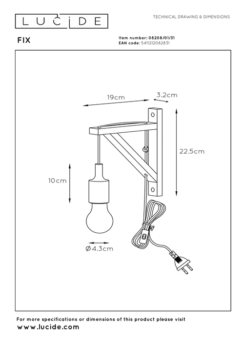 Lucide FIX - Lámpara de pared - 1xE27 - Blanco - técnico